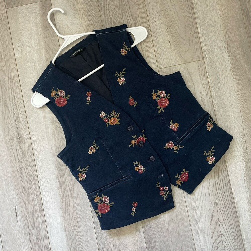 Driftwood Floral Vest embroidered demim womens Blue (large) rustic coastal boho